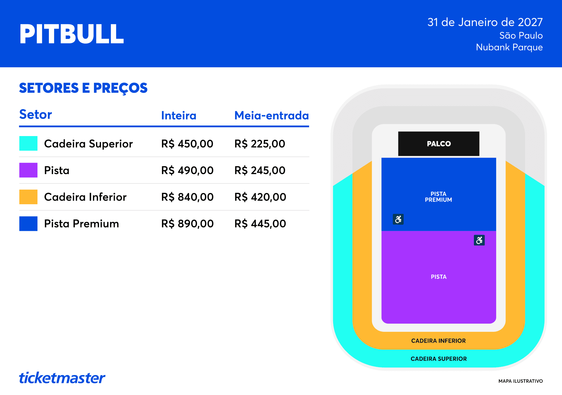 Mapa ilustrativo do Nubank Parque com setores e preços do show do Pitbull — 31 de janeiro de 2027, São Paulo